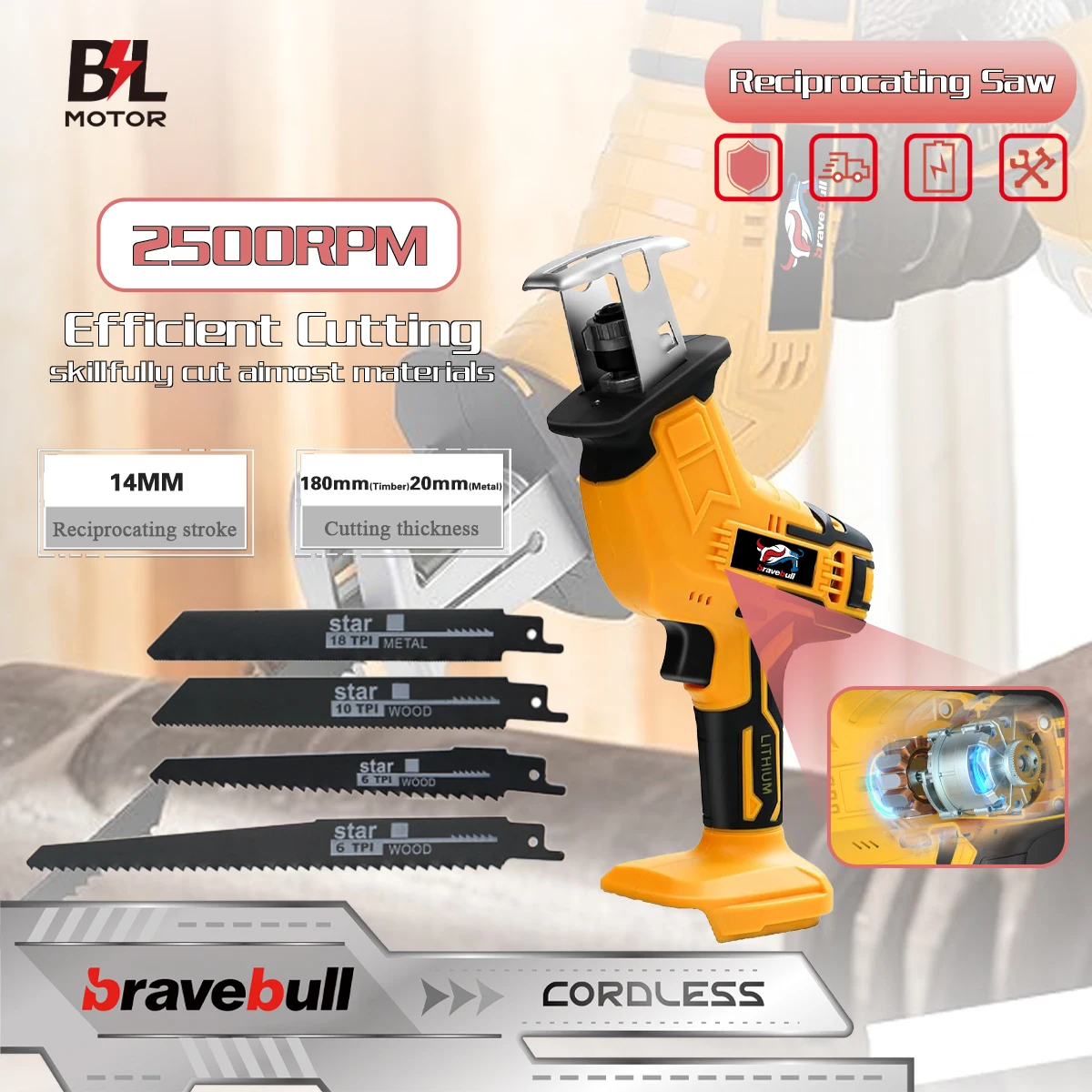 

БЕЗ батареи Bravebull Аккумуляторный электроинструмент сабельная пила Многофункциональная пила для резки металлических садовых деревьев для батареи Dewalt 20 В