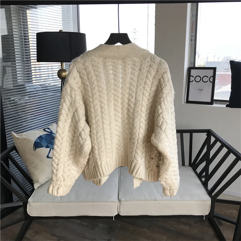 Good Quality Pearl Beading Sweater Cardigan Coat Handmade Diamonds Thick Coat Long Sleeve Autumn Winter Women Clothing 39922