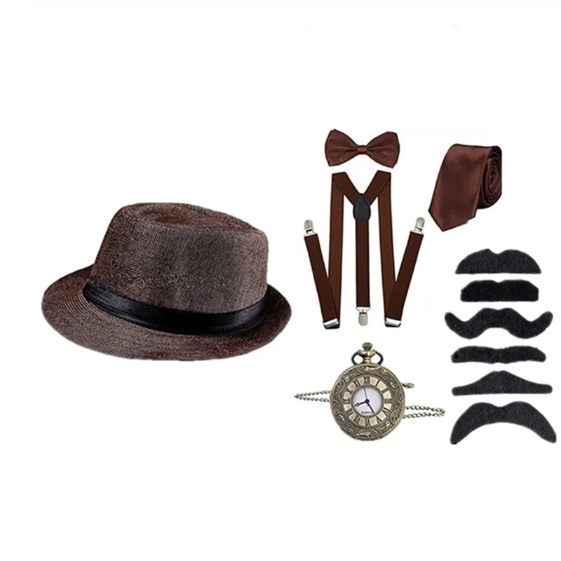 Halloween Retro Medieval 1920s Makeup Ball Party Men Cosplay Gong Tingfeng Top Hat Pocket Watch Strap Tie Hat Set