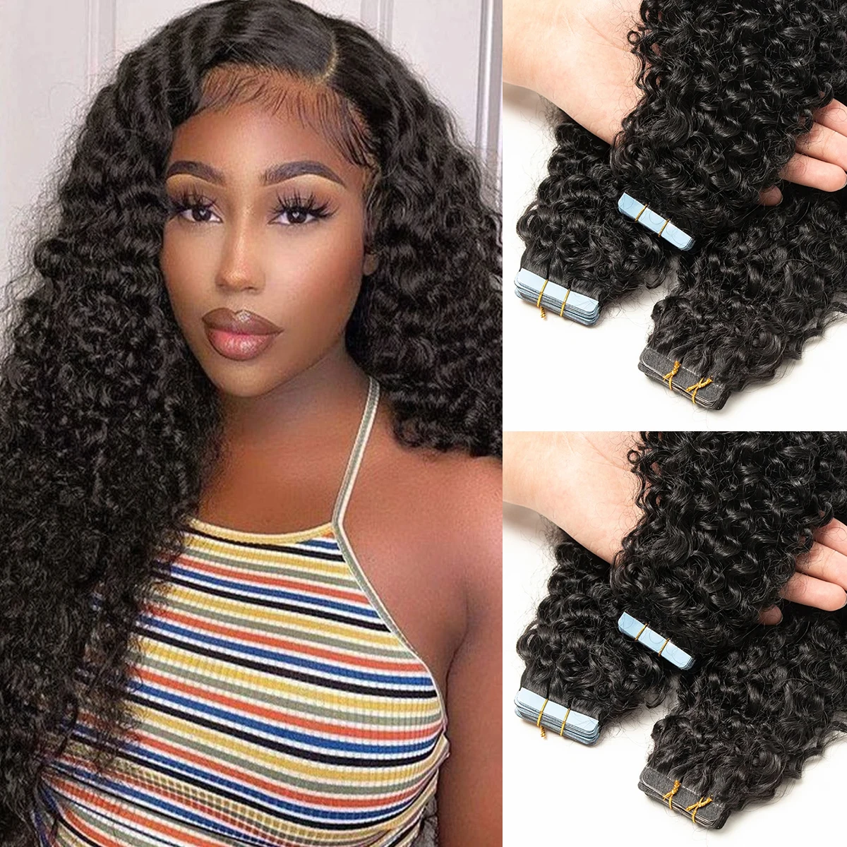 

MRS HAIR Tape In Hair Extensions Глубокие вьющиеся человеческие волосы Уток кожи Кудрявые вьющиеся волосы 12-24 дюйма Натуральный черный Remy 20 шт./упак.