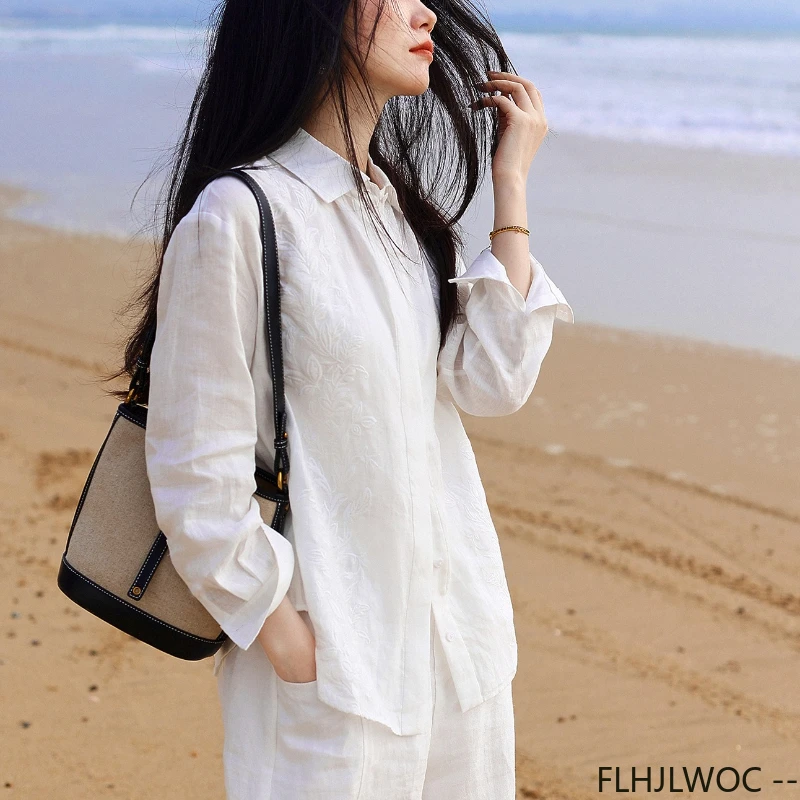 

White Thin Airy Pure Linen Long-Sleeve Shirt Women New Soft Loose Blouse Comfortable Relaxed Casual Cotton Linen Embroidery Tops