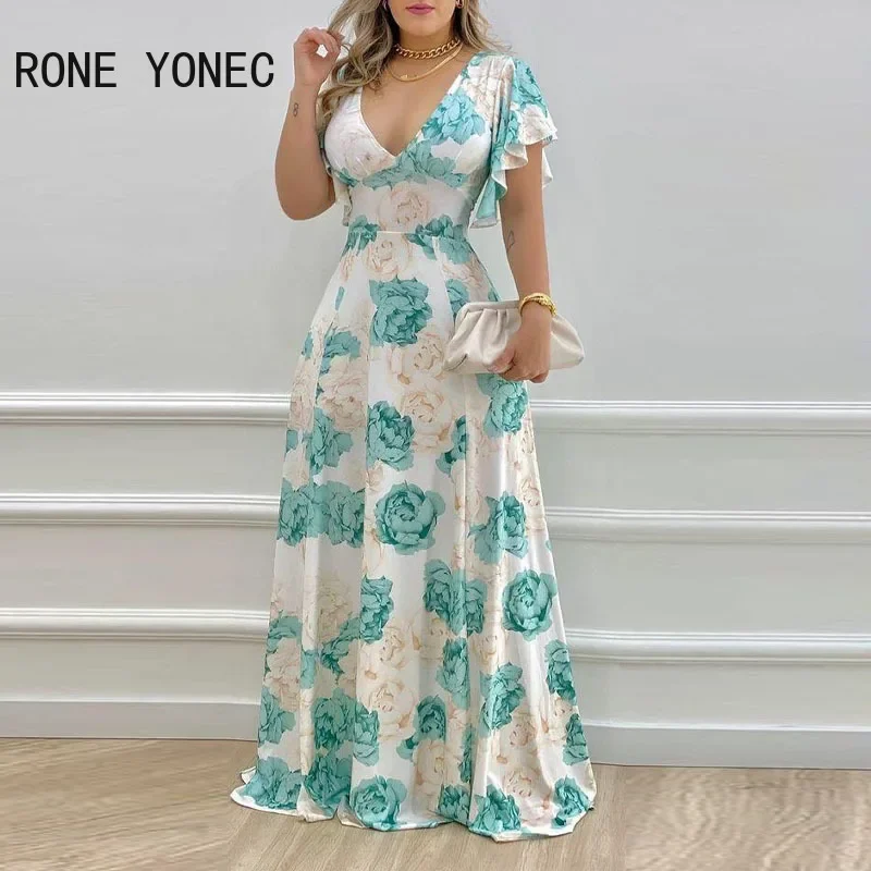 Women Elegant Chiffon Deep V-neck Floral Pattern Butterfly Sleeves Maxi White Vacation Dresses