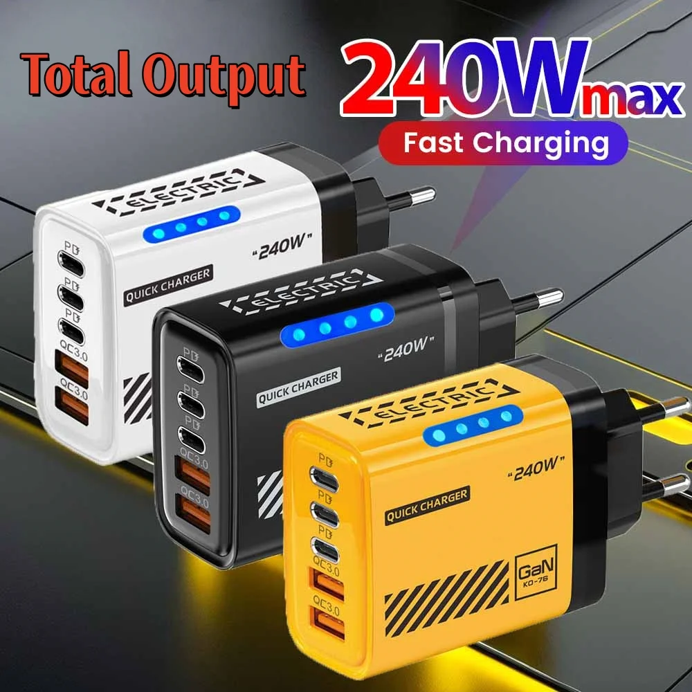 USB Type-C 5 Ports Total 240W GaN Charger Phone Adapter EU/US Plug Charging Head For Xiaomi iPhone H