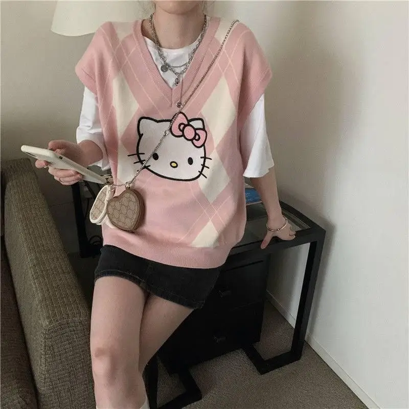 New Sanrio Cute T Shirt Hello Kitty Anime Jacket Cartoon Autumn Loose V-Neck Knitted Sweater Vest Jacket Christmas Present