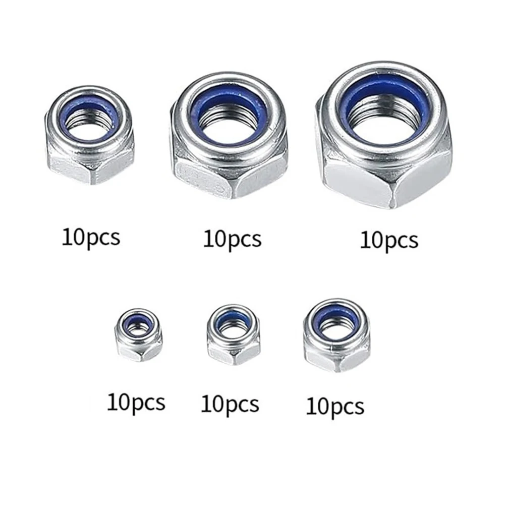 60pcs Stainless Steel Self-Locking Nut Kits Nylon Thread Insert Lock Hex Nuts Nylon Insert Threaded Insert Nuts