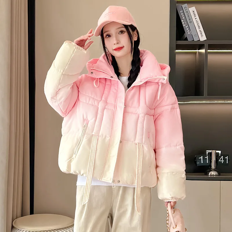 Parkas Short Coats Women Hooded Zipper Jackets Gradient Thick Warm Y2k Streetwear Elegant Jacket Work Coat Autumn Winter
