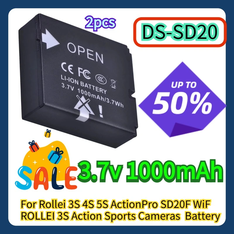 

For Rollei 3S 4S 5S ActionPro SD20F WiF ROLLEI 3S Action Sports Cameras DS-SD20 Battery 2pcs