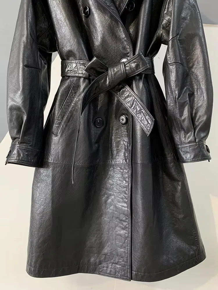 Chaqueta de Cuero Genuino con Solapa Estilo Conciso, Botones, Color Sólido, Mangas Largas, de Piel de Vacuno, Ajustada, para Mujer, Prenda Exterior de Moda
