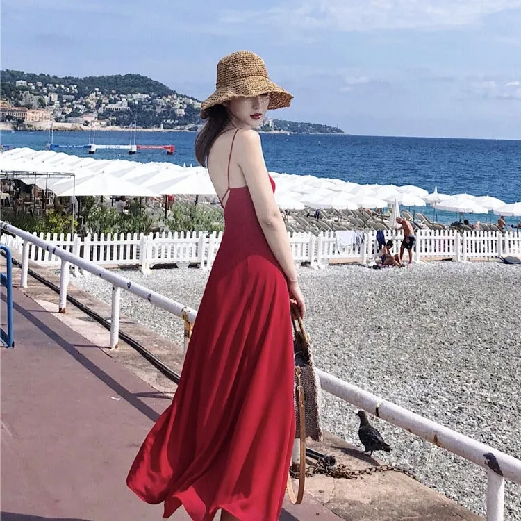 E Vestido de Playa Rojo sin Espalda para Mujer, Vestido Largo sin Mangas con Cintura Alta para Vacaciones de Verano, I...