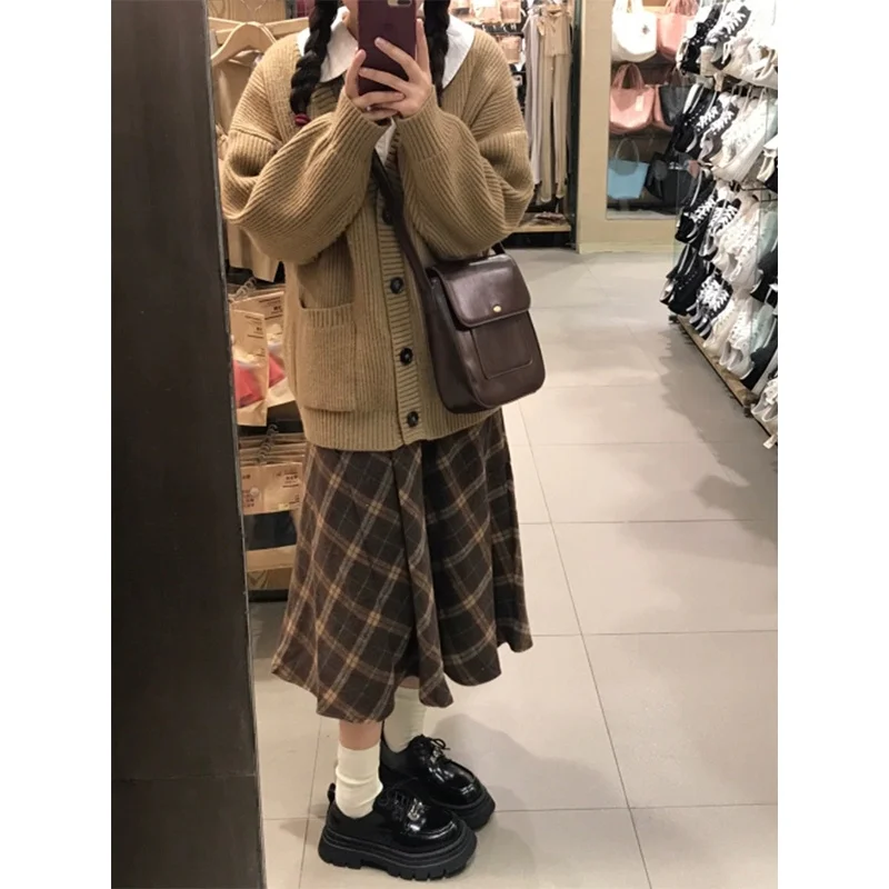 

plus Size 300 Pou Women's Casual Khaki Plaid A-Line Midi Skirt High Waist Spring Autumn Large Size f-length Skirt