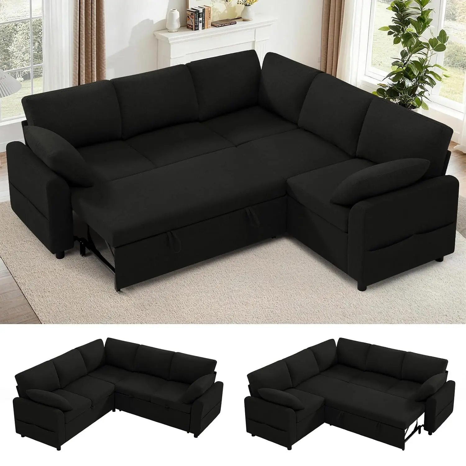 87 Inch Fabric Sectional Sofa w/Pull Out Bed & Storage Space, Black, Customized