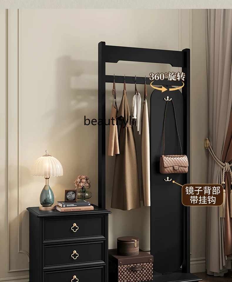 American RetroTailstock Chest of Drawers Coat Rack Integrated Black Bedroom Solid Wood Storage Cabinet Rotatable Dressing Mirror