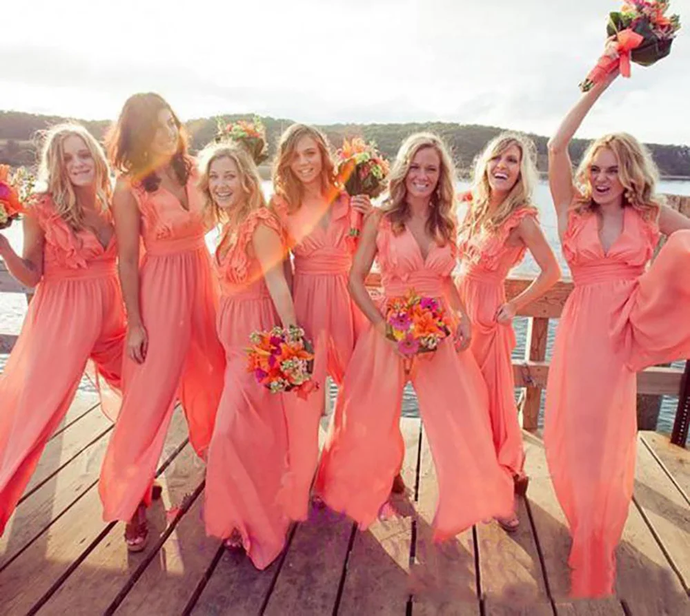 

New Custom Jumpsuits Bridesmaid Dresses A Line V-Neck Sleeveless Ankle-Length Chiffon long Wedding Party Events