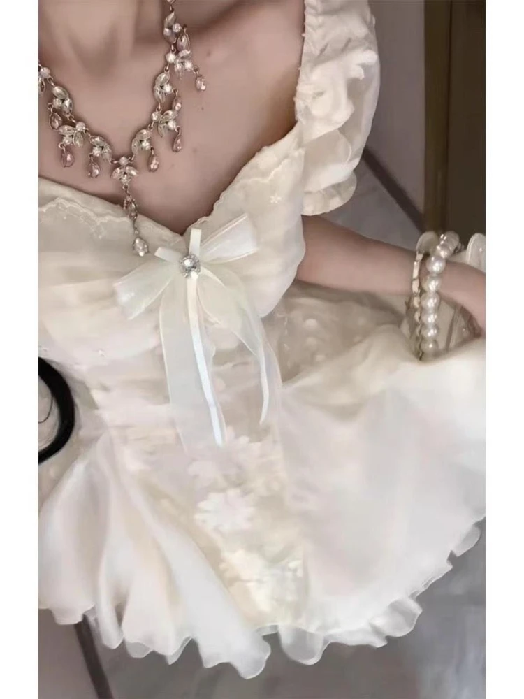 Summer French Sweet Pure Style First Puff Sleeve Lace Trim White Dress Women Slim Fit Waist A-Line Short Dress Elegant Clothes