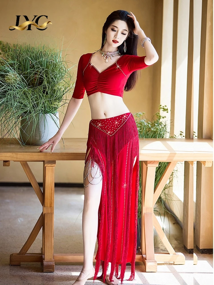 New Original Belly Dance Ensemble for Gala Performance Glittery Fringe Red Oriental Dance Costume