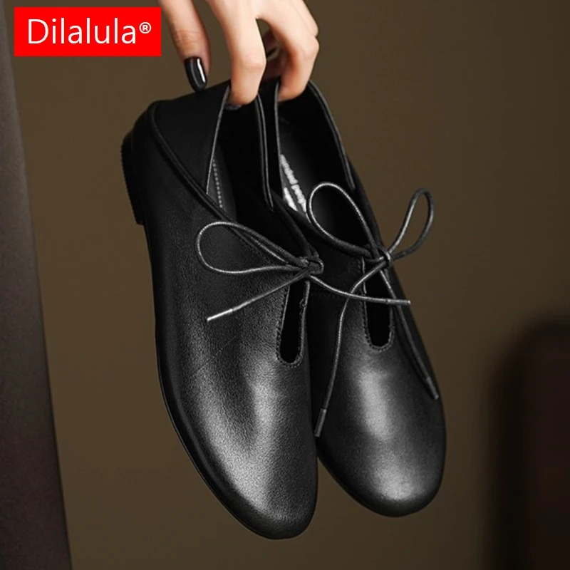 

Dilalula 2026 Natural Leather women's Pumps Lace Up Low Heels Young Lady Leisure Shoes Autumn Leather Pumps Students Plus Size