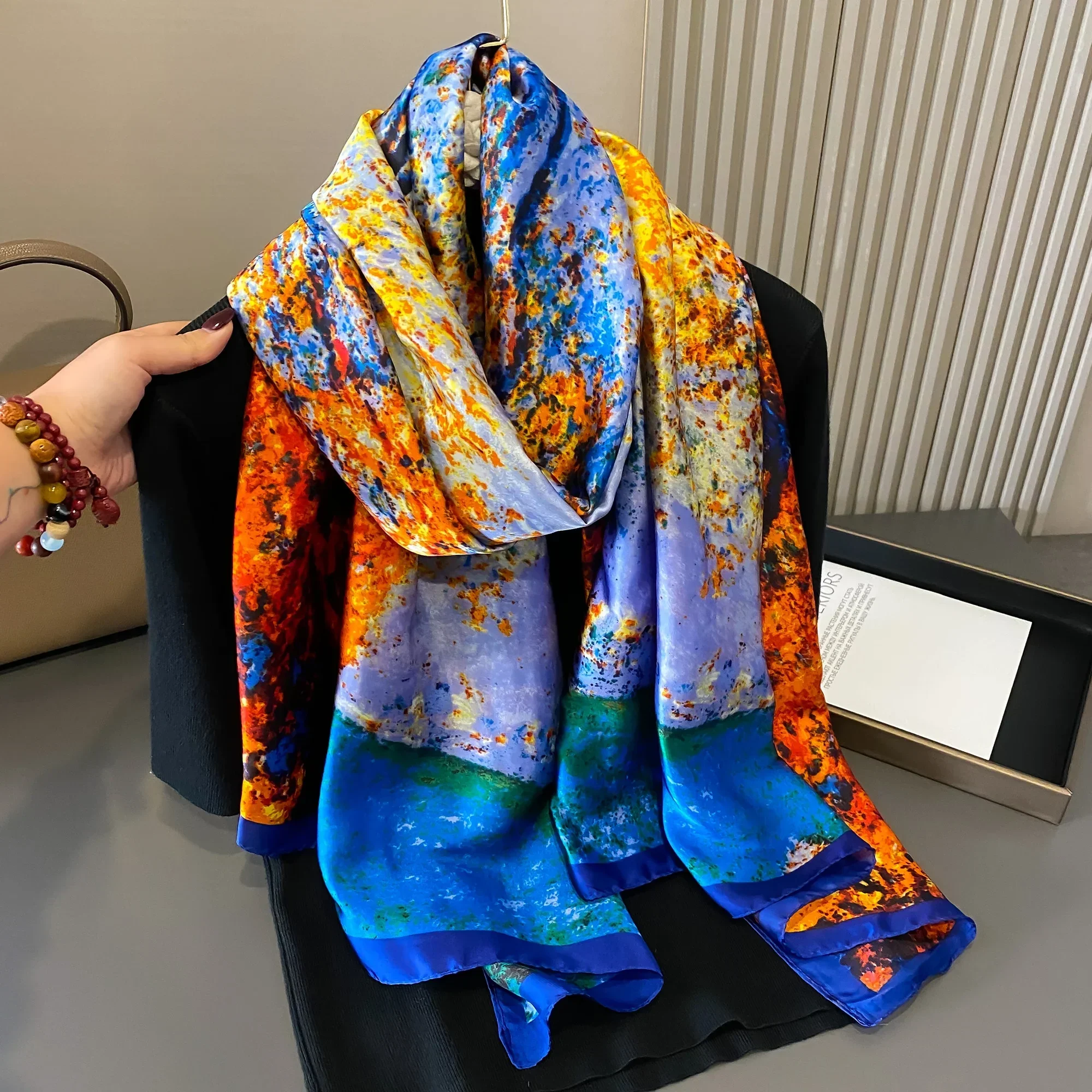 

180*90cm Luxury Brand Women Summer Silk Scarves Shawls Lady Wraps Soft Female Geometry Beach Stole Bandanna Foulard Muffler