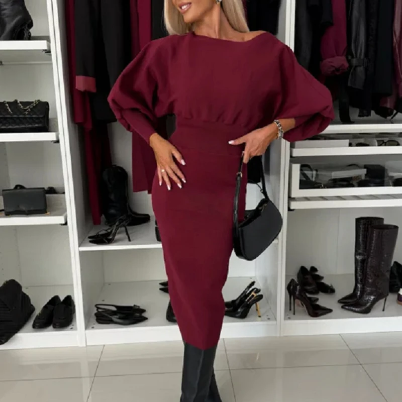 Office Fashion Hight Waist Slim Party Dress Casual Batwing Long Sleeve Hip Wrap Dress Women Elegant Slash Neck  Solid Long Dress