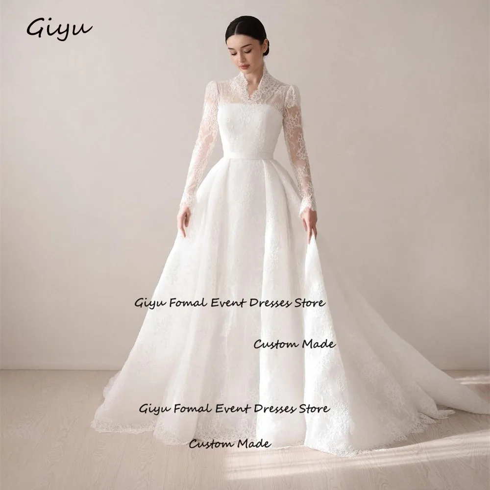 

Giyu Elegant Full Lace Followers Wedding Dress For Woman A-line V-Neck Floor-length Vestidos Novias Boda Bridal Gown