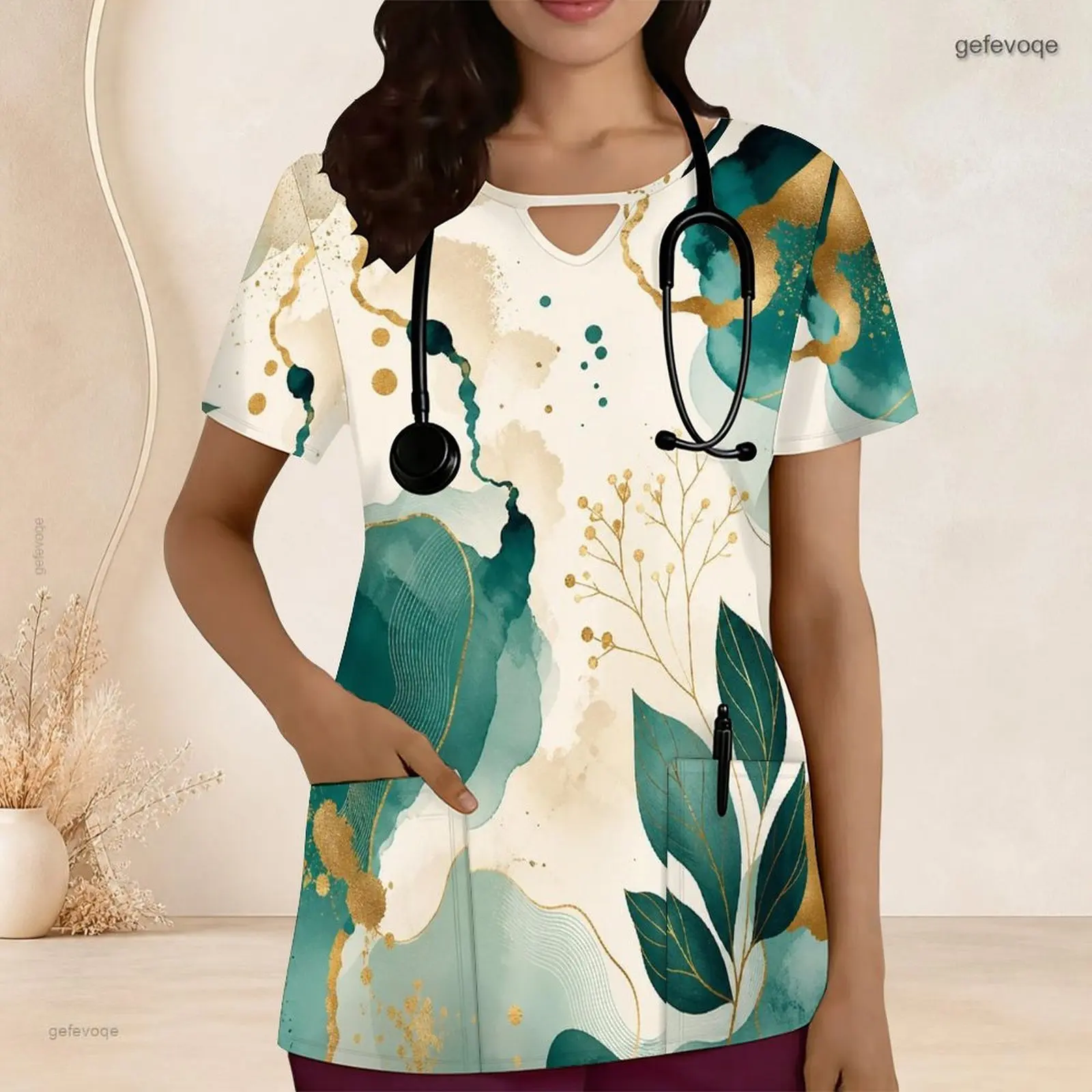 Printed Scrub Top for Women Keyhole Neck Short Sleeve Front Pockets