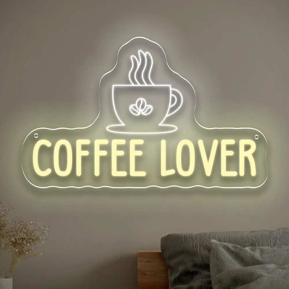 Coffee Lover Neon Sign LED Wall Art USB Powered Acrylic Mug Bean Steam Glow Lamp Cafe Kitchen Breakfast Nook Warm Gift Decor