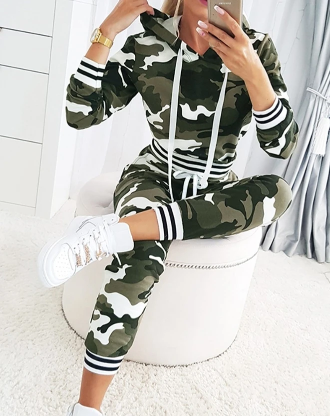 New Women's Best-Selling Fashion 2023 Camouflage Printed Striped Hooded Sweatshirt and Pants Set In Stock