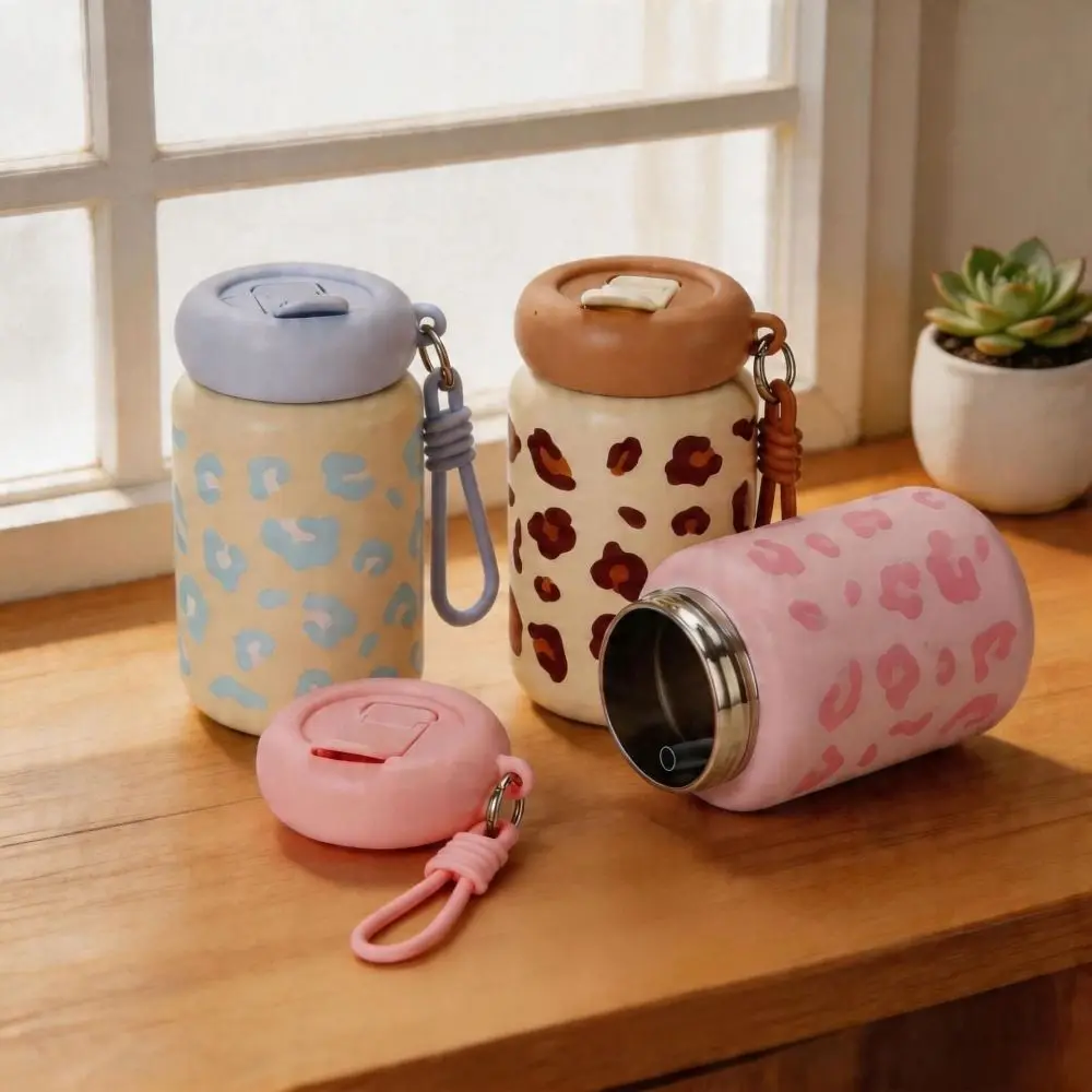 360ml Straw Thermos Cup Leopard Print Insulated Insulated Water Bottle Mini with Lifting Rope Drinking Water Cup Travel