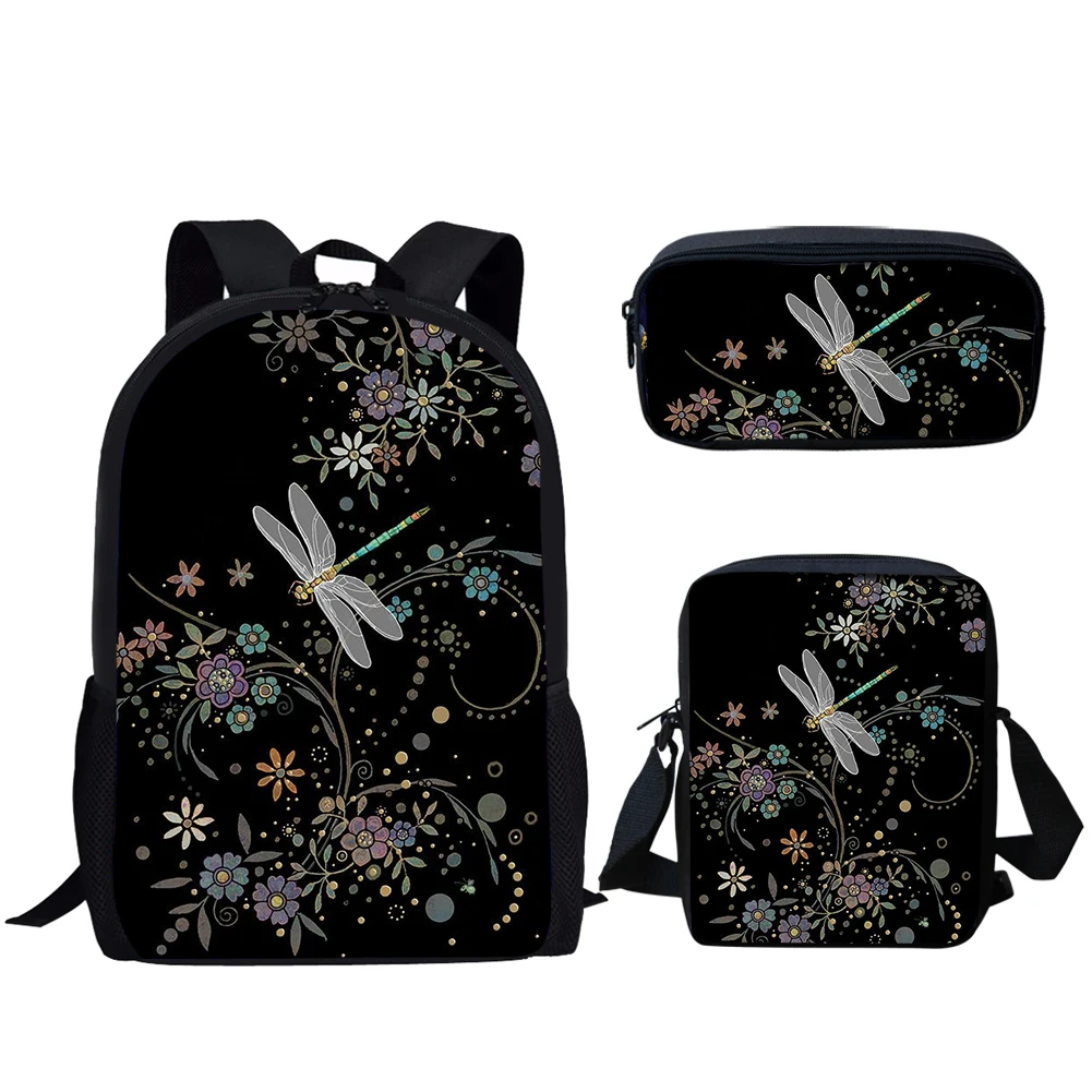 Belidome 3Set Schooltassen Voor Tiener Jongens Meisjes Dragonfly Bloemenprint Casual Lichtgewicht Rugzak Voor Studenten Terug Naar School