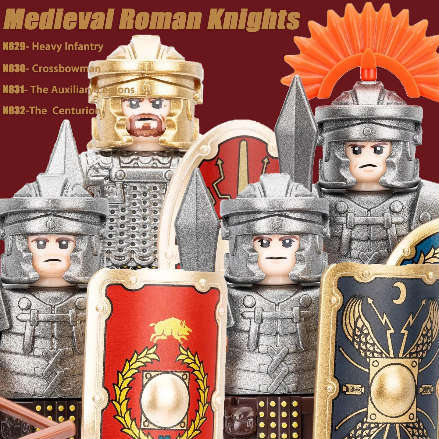 Image of MOC Römische Soldaten Figuren Bausteine Mittelalterliche Militärburg Ritter Centurion Schilde Speer Waffen Weste Ziegel Spielzeug