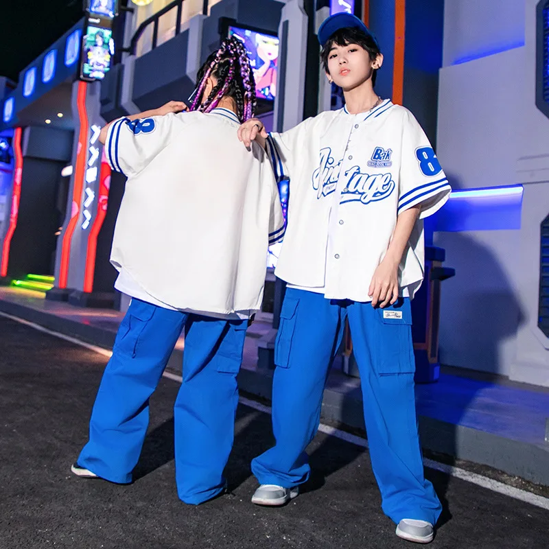 Jungen Hip Hop Street Kleidung Weißes Hemd Tops Blau Jogger Cargo Hosen für Mädchen Kinder Streetwear Kostüm Jazz Dance Kleidung