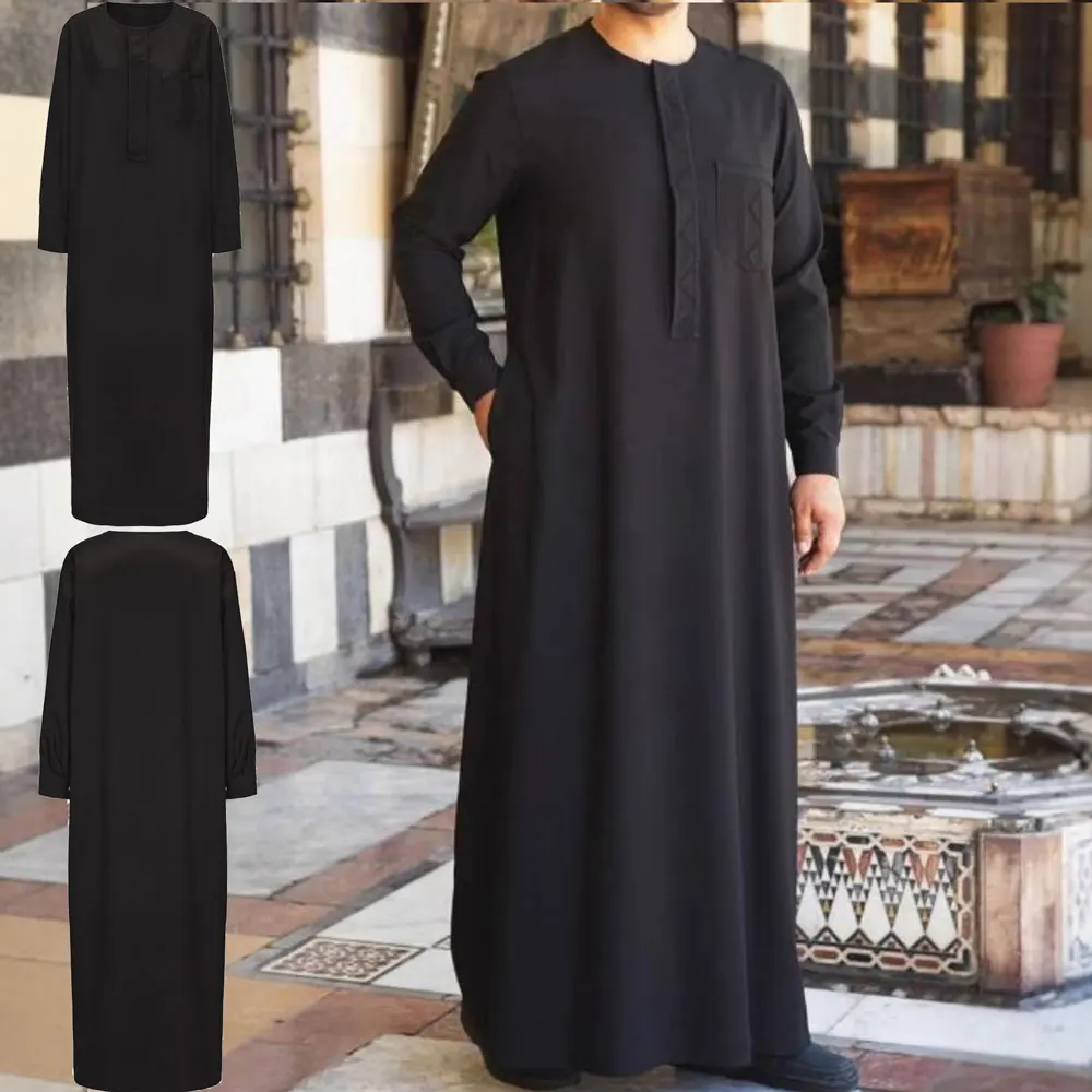 Long Sleeve Muslim Men Jubba Thobe Saudi Arab Kandura with Pocket Islamic Black Kaftan Robe Dishdasha Eid Ramadan Prayer Clothes