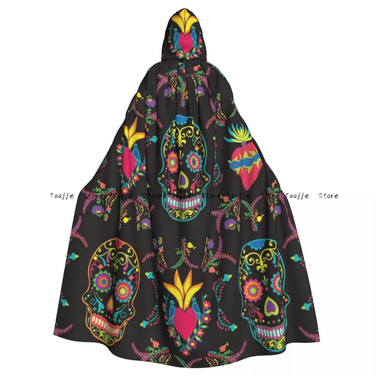 Unisex Halloween Cloak Colorful Sugar Skulls Mexican Print Cape Hooded Medieval Costume Witch Wicca Vampire