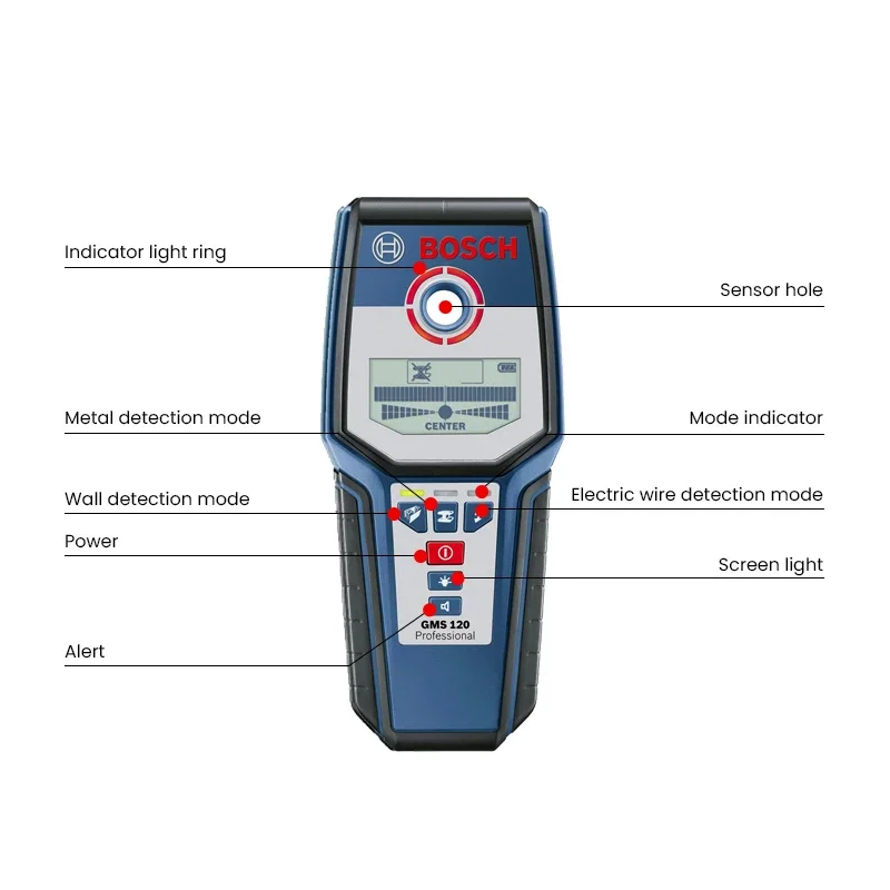 Skaner ścienny Bosch GMS 120 Cyfrowy ręczny profesjonalny detektor ścienny Wielofunkcyjny drut pod napięciem Kabel Pvc Woda Rura Wykrywacz metali