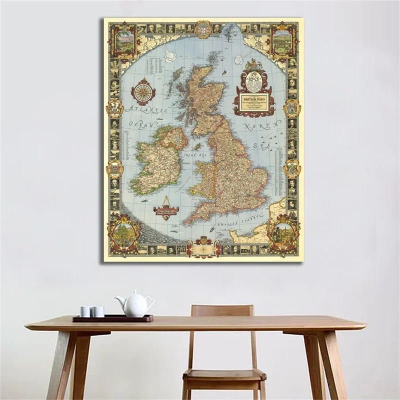 Mapa del Reino de los grandes británicos, lienzo no tejido, pintura artística, póster sin marco e impresión, decoración de pared para sala de estar, 59x84cm