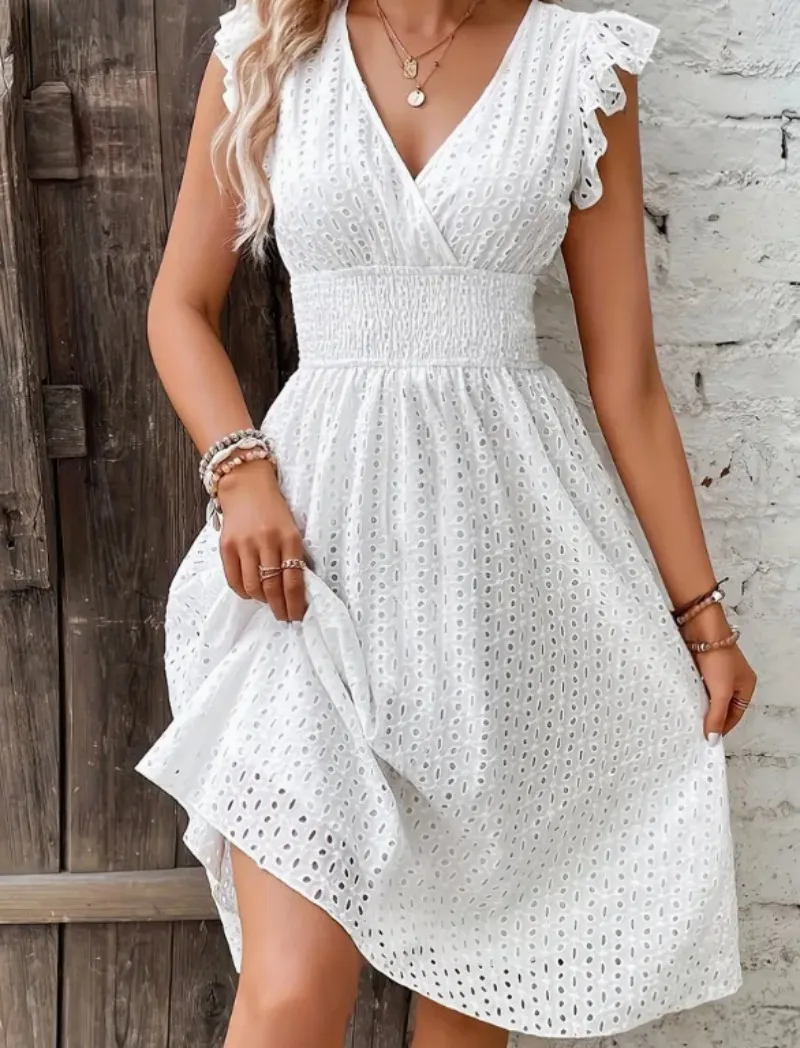 

Summer Women V-Neck Dress Solid Color Hollow Out Waist Midi Dress Casual Jacquard Holiday Dresses Elegant Woman Bohemia Vestidos