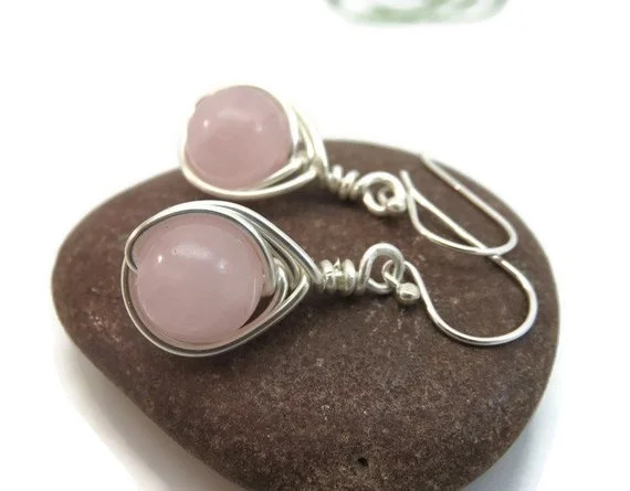 Rose quartz earrings sterling silver wire wrapped pink gemstone Valentine\'s Day Wedding Anniversary Gift