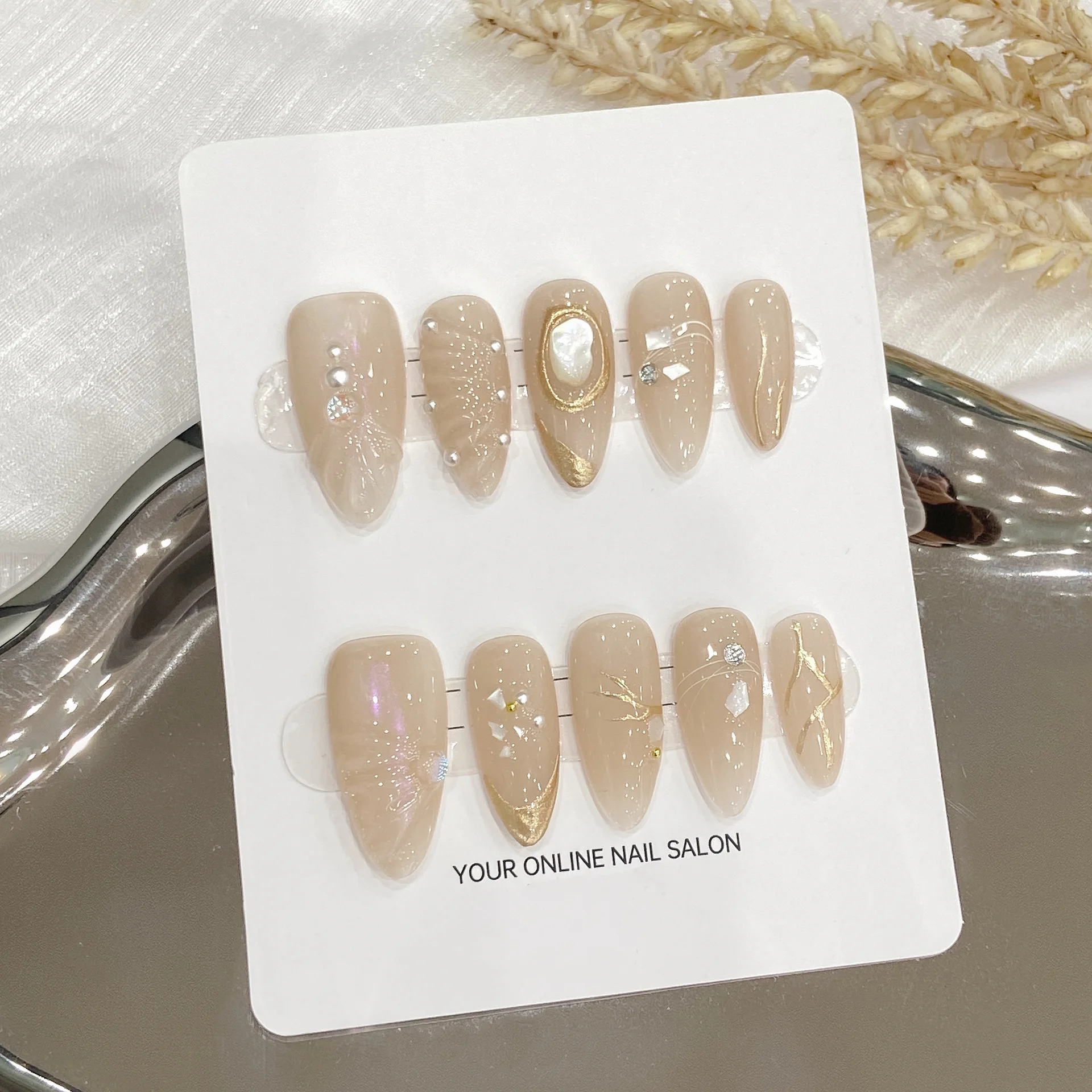 

10pcs Luxury Handmade Nude Press on Nails French Almond Shell Design Reusable Fake Nails Artifical Nail Tips Nail Art