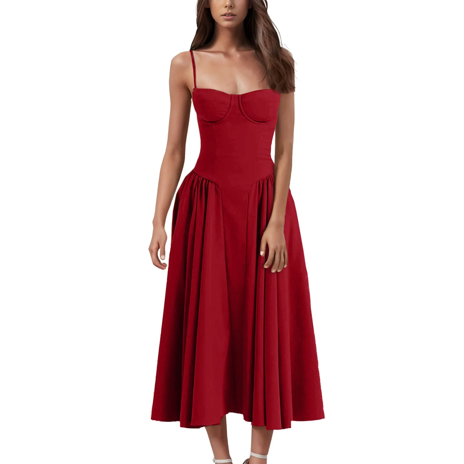 Elegant Spaghetti Strap Sleeveless A-line Midi Dress For Women Summer New Backless Pleated Slipdress Ladies Fashion Loose Dress
