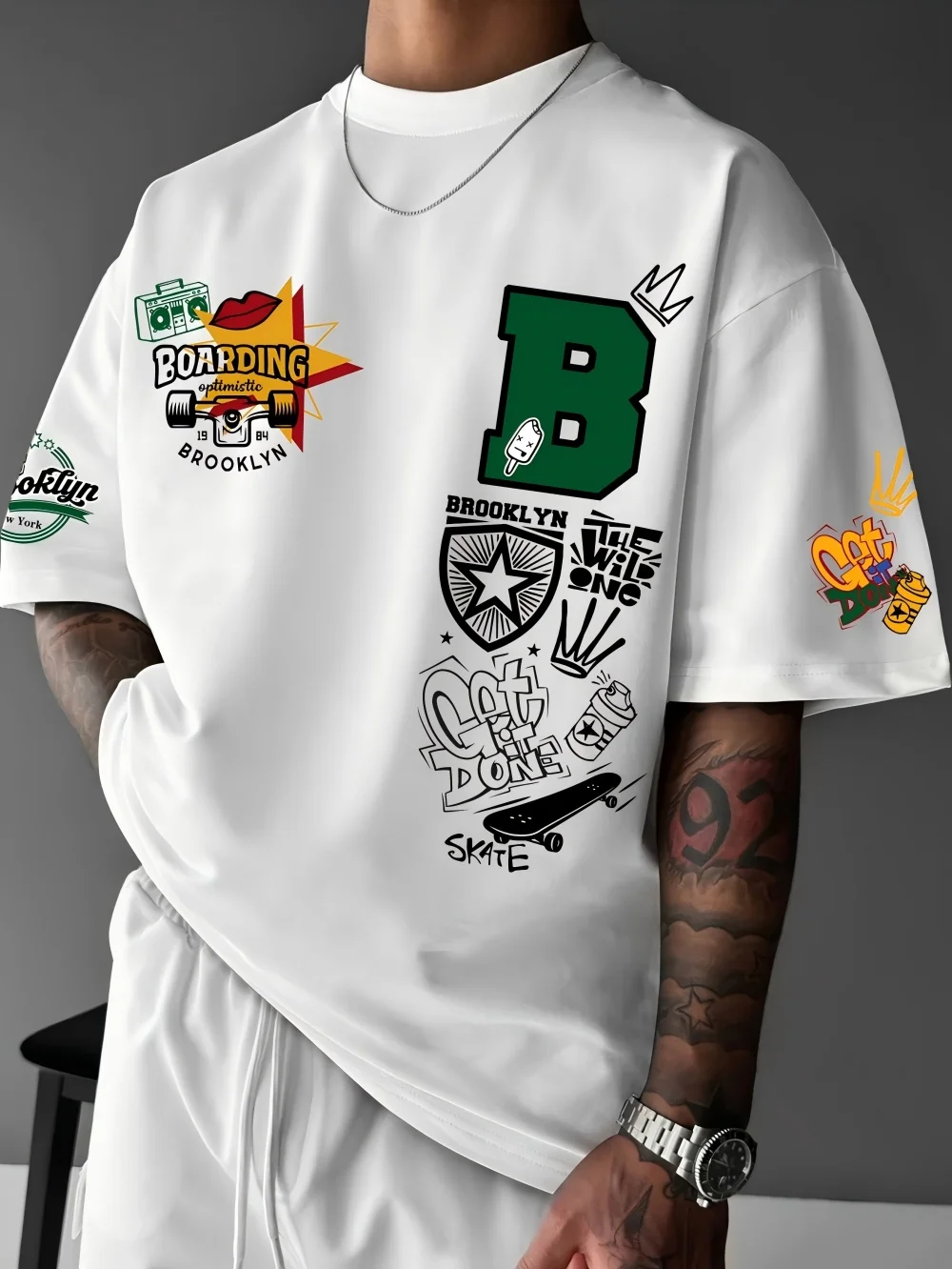 New men's summer Brooklyn design letter print breathable crew neck T-shirt, outdoor street style top