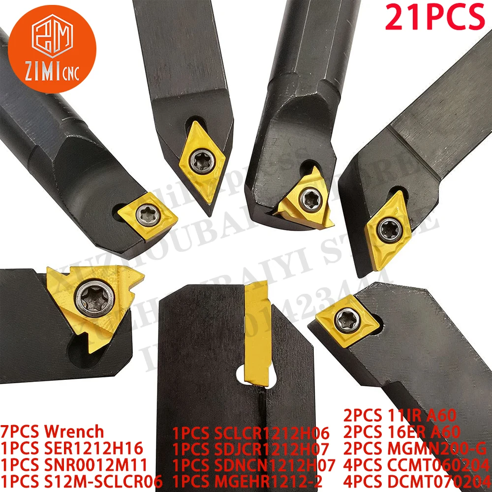 7PCS 12mm Shank Indexable cnc Carbide Lathe Turning Tool Holder + 14PCS Turning Indexable Carbide Inserts CNC tool cutting tools