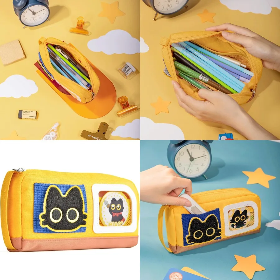 

Large Capacity Pencil Case with Adorable Cat Design for Teen Girls and Boys Featuring Magic Sticker and Decoration Badges Ideal