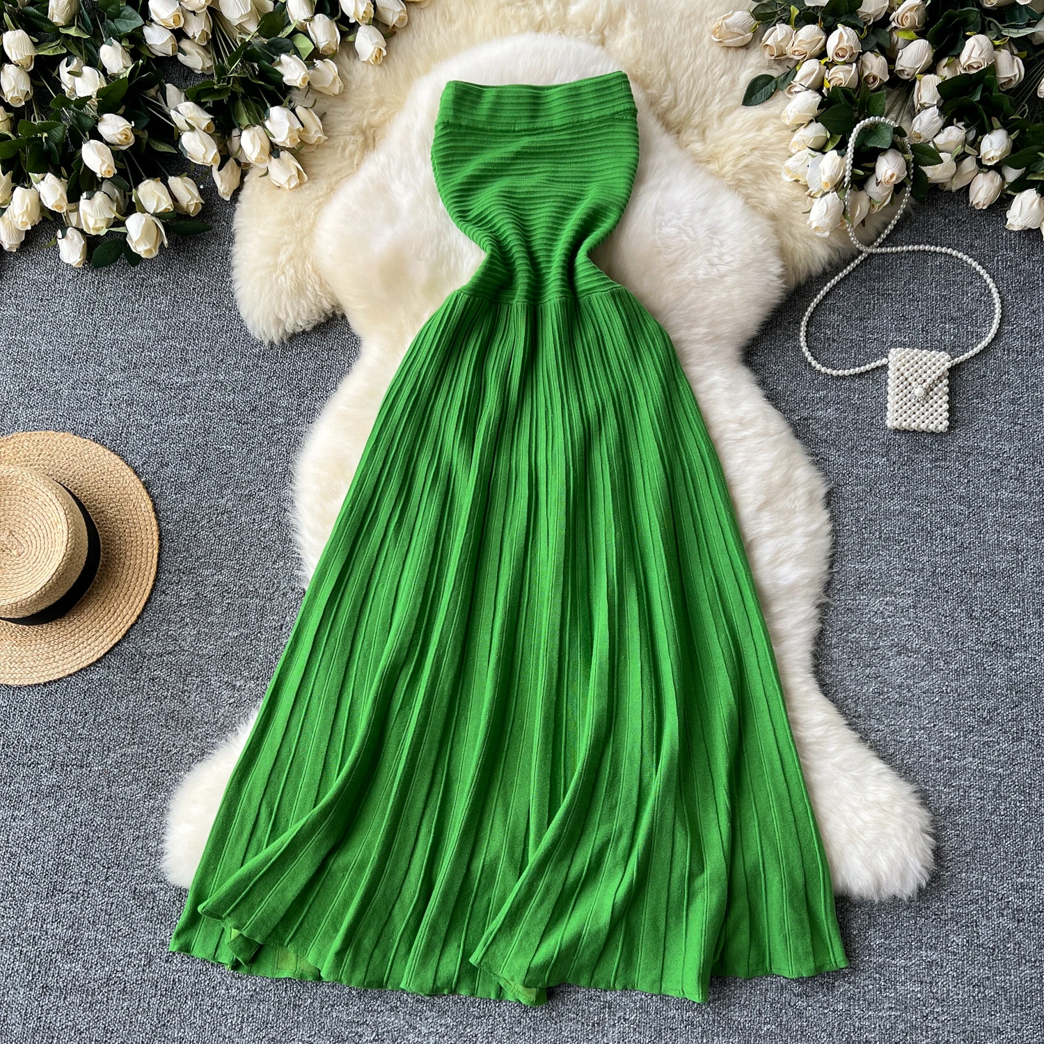 

Clothland Women Sexy Green Knitting Dress Strapless Sleeveless High Waist Stretchy Slim Fit Midi Dresses Vestido QD707