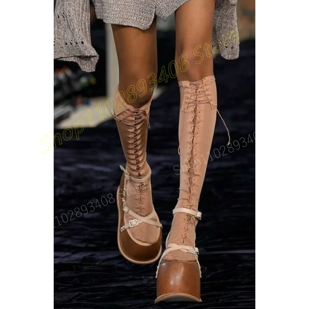 

New Design Thick Soled Elastic Over the Knee Boots Platform Front Lace-up Cross Tied Fashion Sexy Women Shoes 2024 Para Mujere