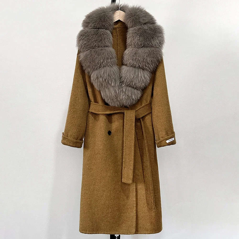 Réalité manteau de fourrure femmes automne naturel réel col de fourrure de renard veste ceinture vêtements d'extérieur amples vêtements d'extérieur décontracté Streetwear manteau de laine