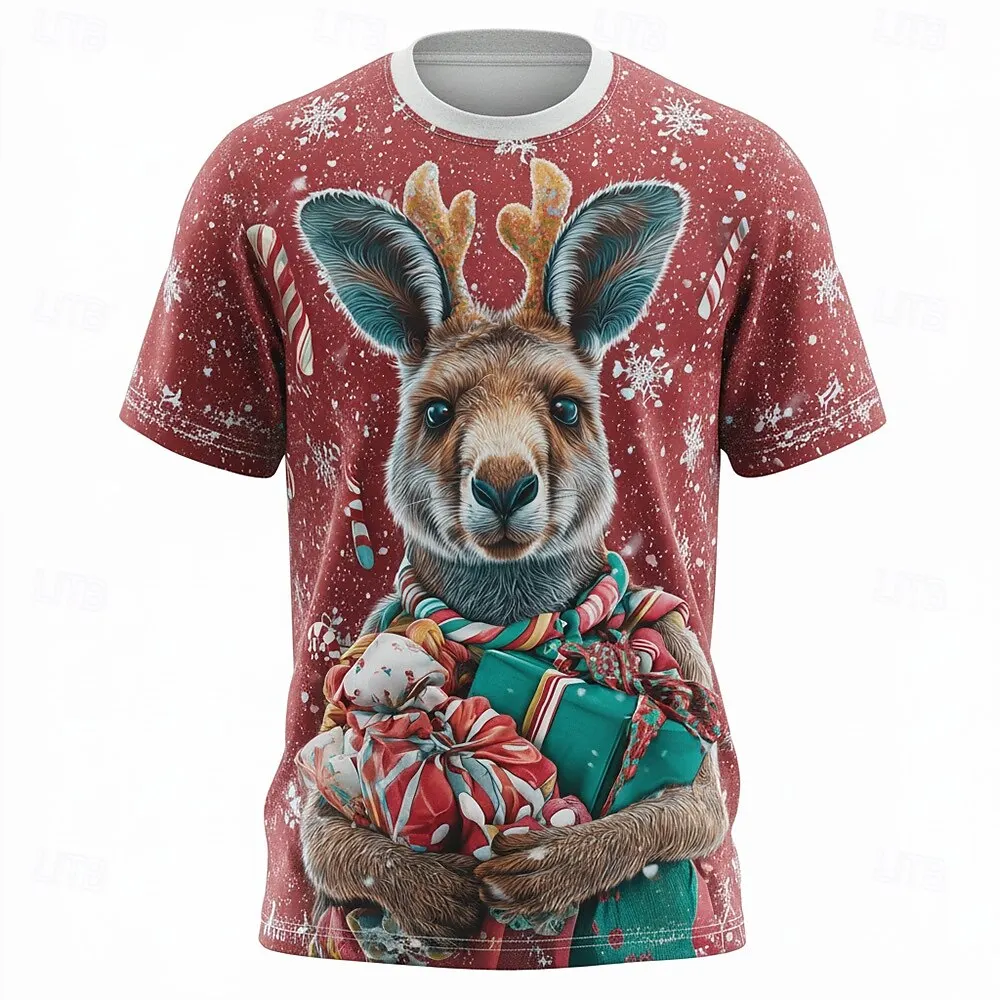 

Christmas Kangaroo Graphic Men's Women's T-Shirt 3D Printed Cute Animal Pattern Short Sleeve Clothes Loose Casual Festival Gifts