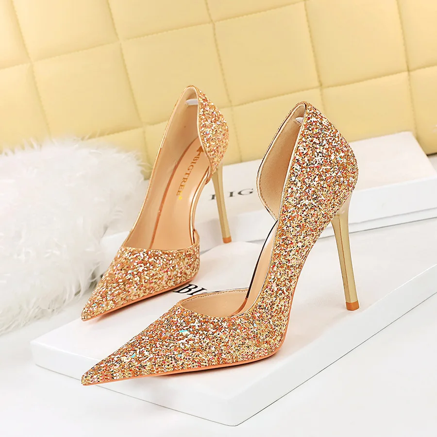 Ladies Women Pumps Shoes Sexy Banquet Slim Super High Heels Shallow Notched Pointed Side Cut Shiny Sequins Single туфли женские