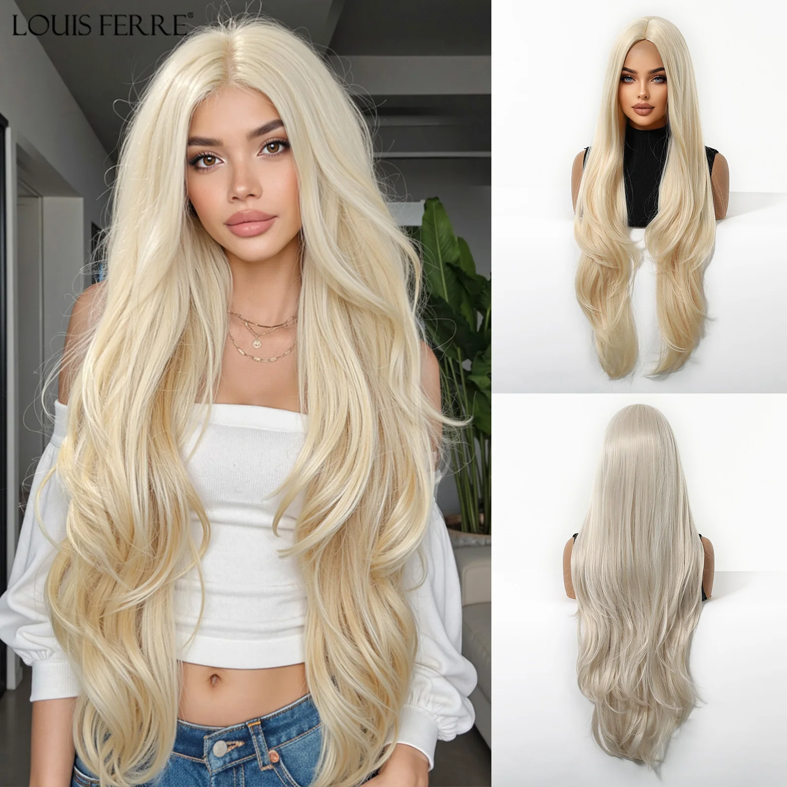 

LOUIS FERRE Synthetic Fiber Wigs For Women Long Wave Silky Daily Elegant Blonde Fake Hair Heat Resistant Party Cosplay Wigs