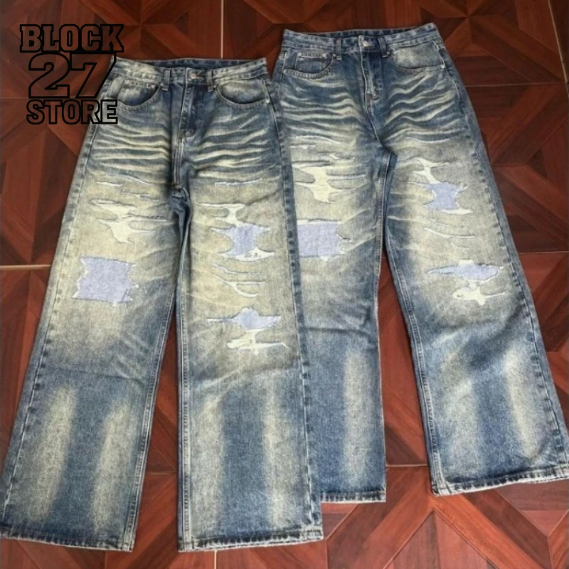 

Mens Jeans Harajuku New Burnout Washed Distressed Loose Straight Selvedge Denim Pants Retro High Street Casual Fashion Style New