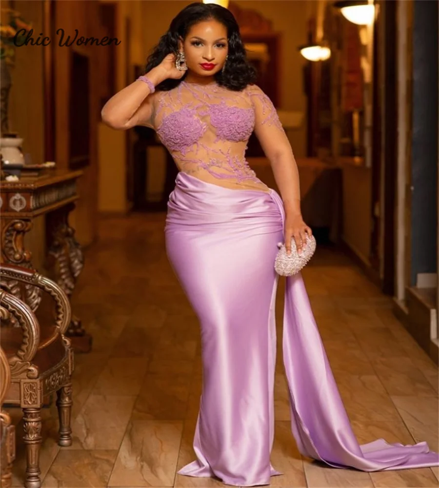 

Extra Lilac Mermaid Black Girls Prom Dress With Train See Through Top Long Sleeve African Evening Gowns Plus Size Formal Party