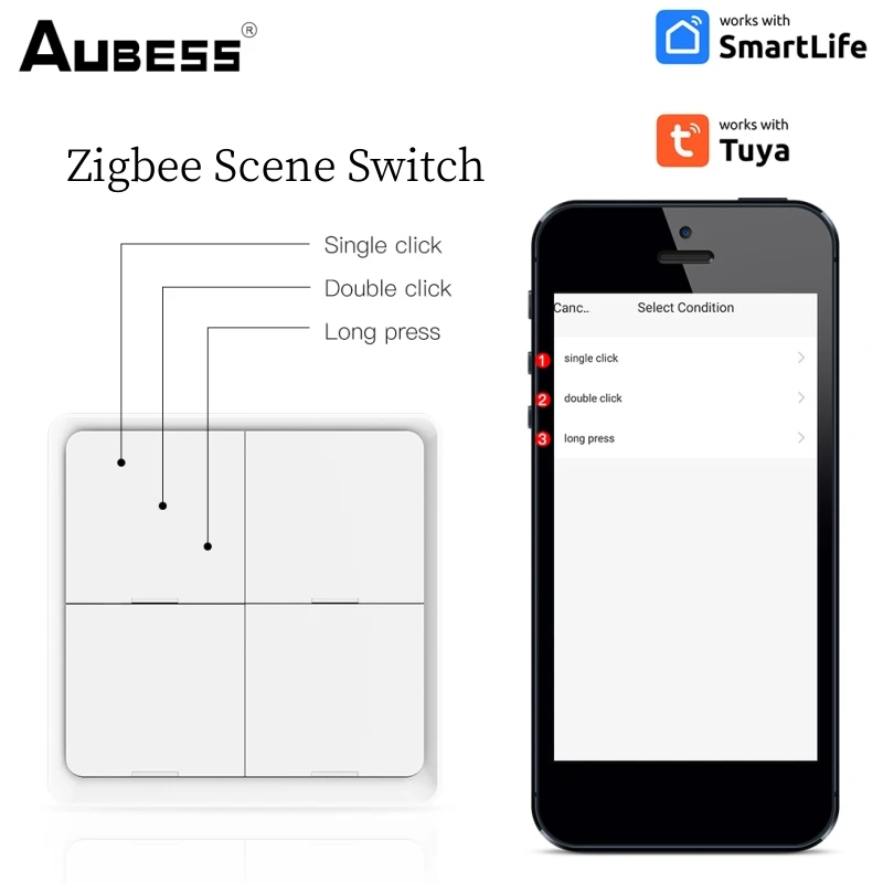 AUBESS 4 Gang Tuya ZigBee Wireless 12 Scene Switch Push Button Controller Battery Powered Automation Scenario For Tuya Devices